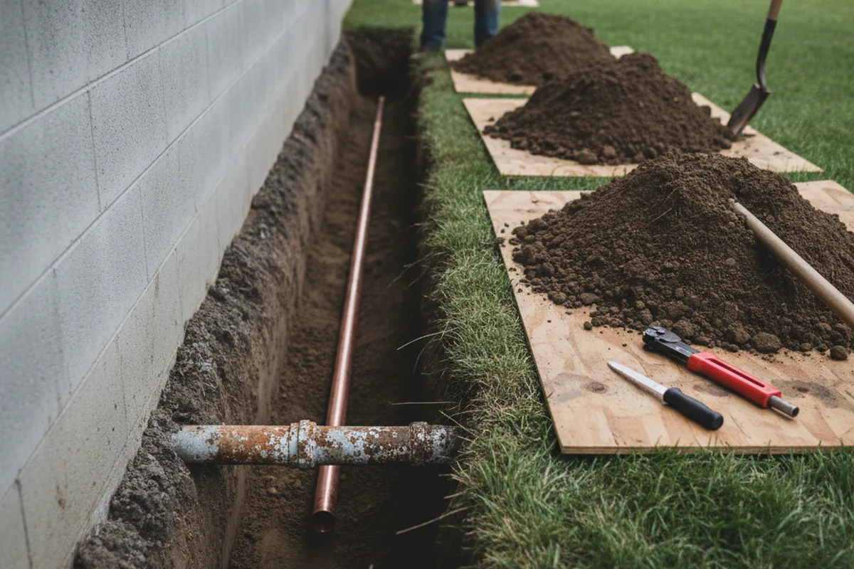 Excavated water line trench during Water Softener Installation in Stevenson Ranch